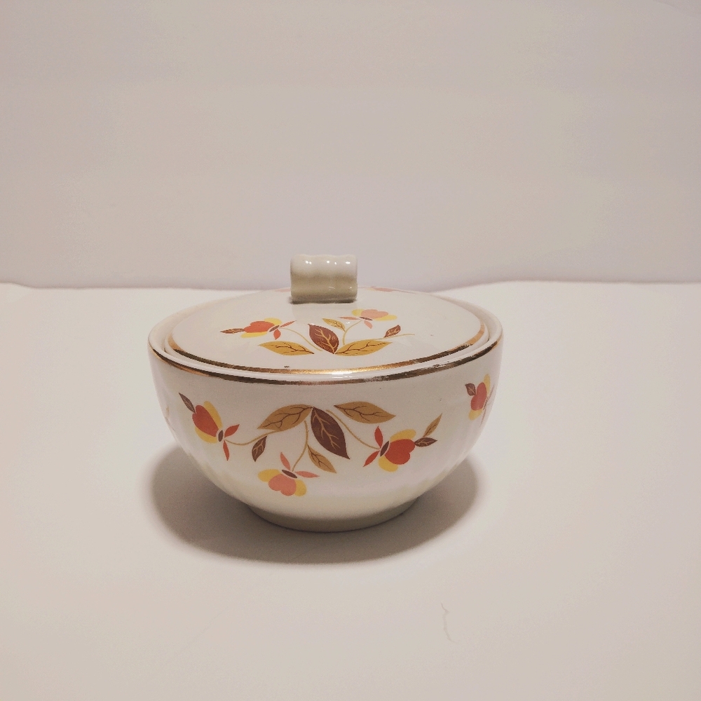 Hall's Superior Jewel Tea Autumn Leaf Drip Jar Bowl w/Lid Gilding Vtg Farmhouse - Picture 9 of 11
